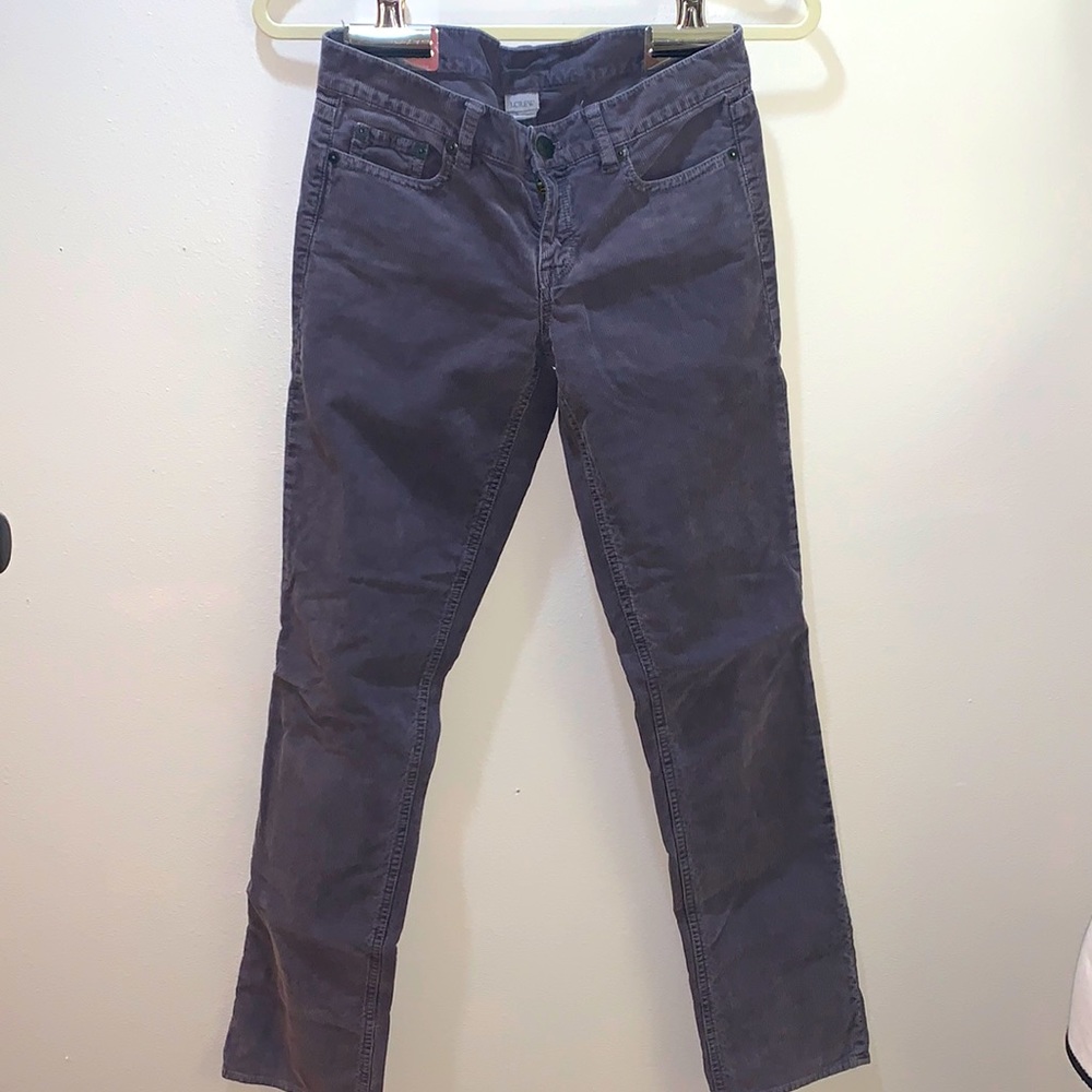 J. Crew city fit corduroy flare high rise straight leg  pants in deep purple.